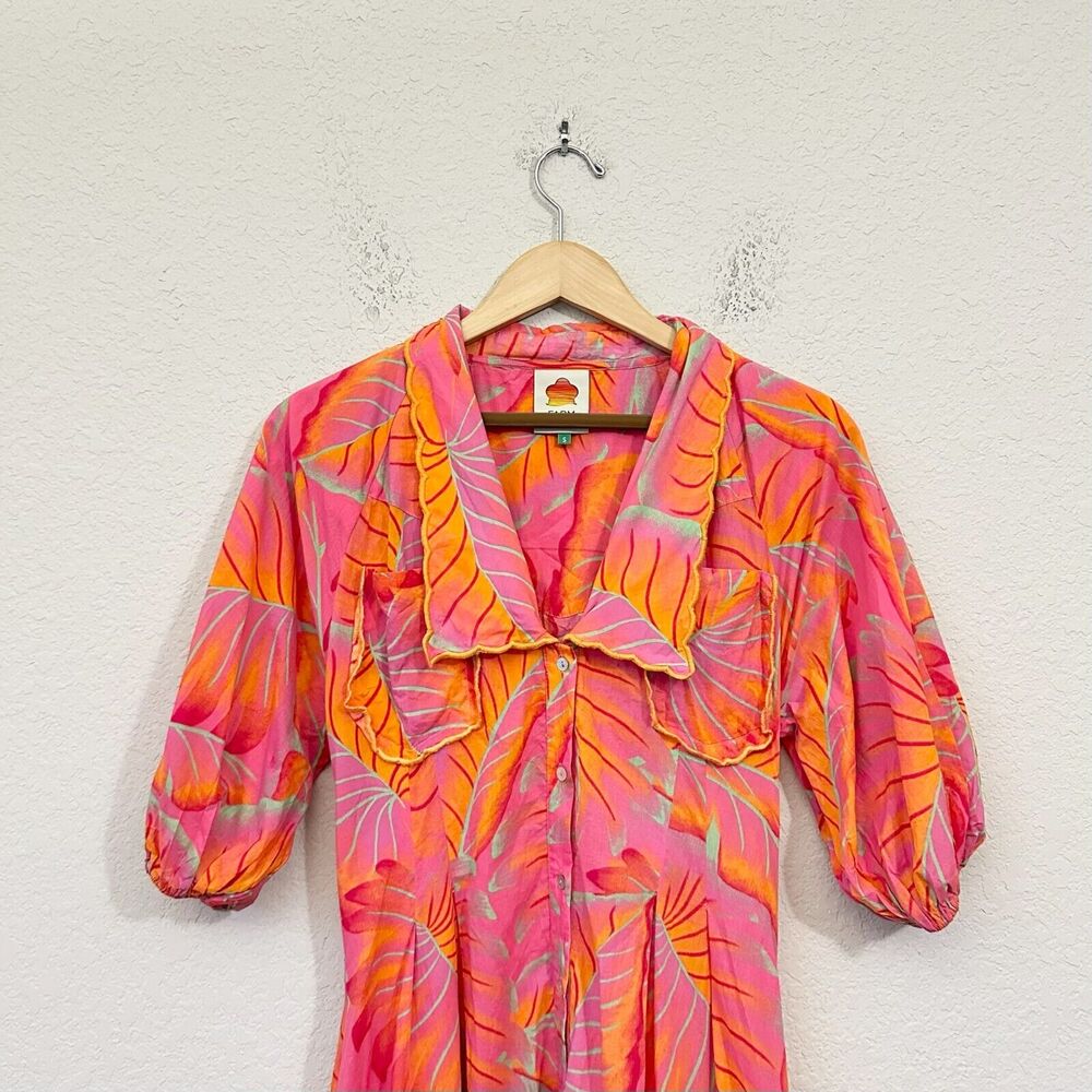 ANTHROPOLOGIE FARM RIO Bright Forest Midi Dress Pink Orange Puff Sleeve - Picture 4 of 16